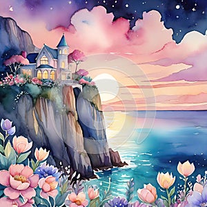 Watercolor illustration, fantasy beautiful seaside landscape, sailing ship, palace on the cliff, for interior decoration