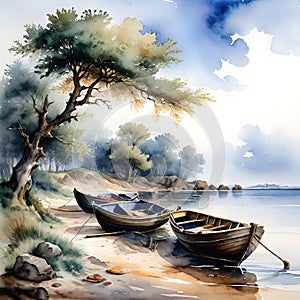 Watercolor illustration, fantasy beautiful seaside landscape, sailing ship, palace on the cliff, for interior decoration