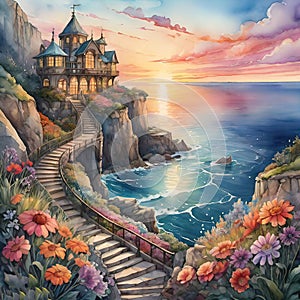 Watercolor illustration, fantasy beautiful seaside landscape, sailing ship, palace on the cliff, for interior decoration