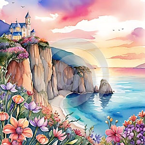 Watercolor illustration, fantasy beautiful seaside landscape, sailing ship, palace on the cliff, for interior decoration