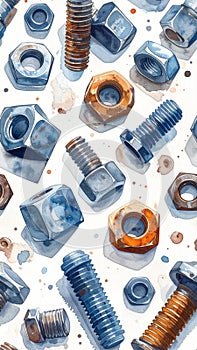 Watercolor Bolts and Nuts Pattern - Industrial Hardware Illustration