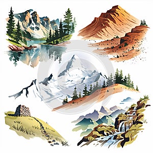 A watercolor illustration of five diverse mountain terrains photo