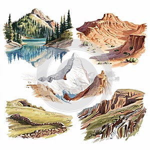 A watercolor illustration of five diverse mountain terrains photo