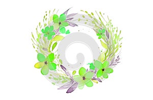 Watercolor illustration of a floral bouquet in a rustic romantic style, a composition of spring flowers, a wreath, a