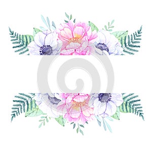 Watercolor illustration. Floral frame with peonies and anemones.