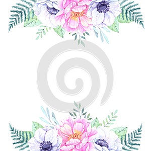 Watercolor illustration. Floral frame with peonies and anemones.