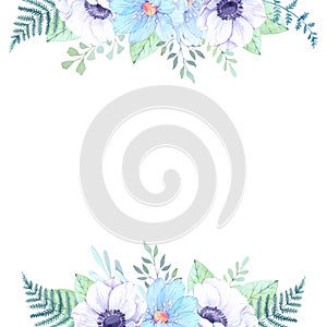Watercolor illustration. Floral frame with peonies and blue flow