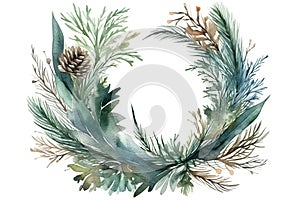 Watercolor Illustration Of Floral Green Pattern Wreath With Conifer Needles And Cones