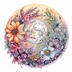 Watercolor illustration of the Floral Yin-Yang Mandala