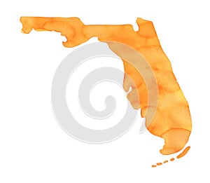 Watercolor illustration of Florida Map Silhouette in warm sunny orange color.