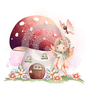 Watercolor illustration Flower fairy and little house