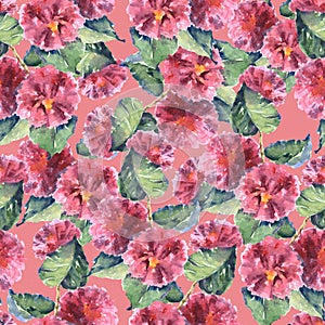 Watercolor Illustration of flowers with leaves paintingon pinkbackground. Floral seamless pattern for decor.