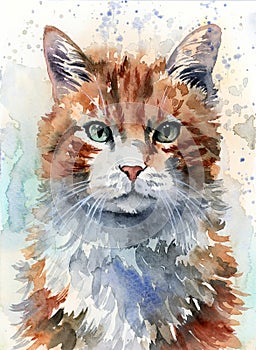 Watercolor illustration of a fluffy ginger cat with green eyes