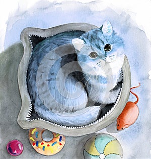 Watercolor illustration of a fluffy grey cat in a basket in the form of a cat\'s head