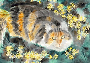 Watercolor illustration of a fluffy tabby ginger-gray cat in green grass