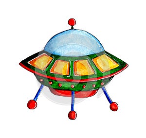 Watercolor illustration of a flying saucer. Unidentified flying object - UFO.