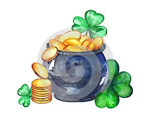 Watercolor illustration of a four leaf clover and a leprechaun pot with gold coins on a white background. Hand-drawn decorative