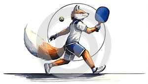 A watercolor illustration of a fox-person playing pickleball, depicted in a backhand stroke.