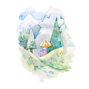 Watercolor illustration. Foxes mother and daugther on the hill i photo