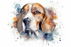 Watercolor illustration of foxhound with drops and splashes of watercolor paint