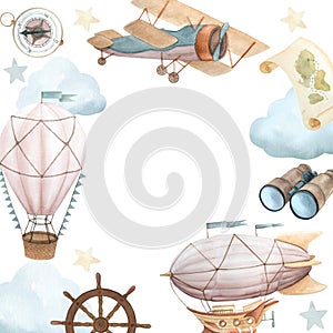 Watercolor illustration of frame with flying vehicles and travel attributes. Airship, retro plane, hot air balloon