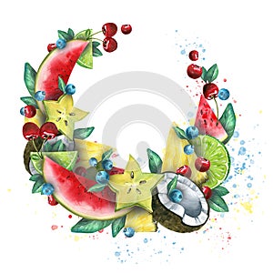 Watercolor illustration in a frame of tropical fruits, juicy, bright. Watermelon, pineapple, lime, cherry, coconut. For