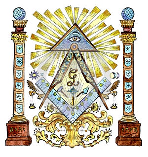 Watercolor illustration with freemason and mysterious symbols isolated on white