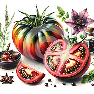 Watercolor illustration of fresh tomatoes and spices on a white background.