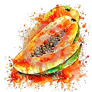 A watercolor illustration of a freshly cut papaya