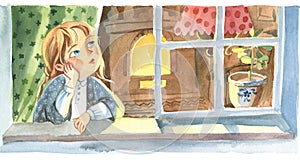 Watercolor illustration. Front view of the little girl