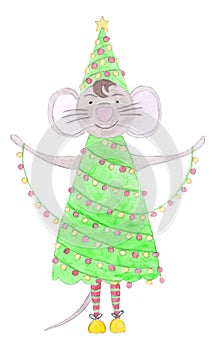 Funny Cartoon Character Mouse In A Costume Of Christmas Tree