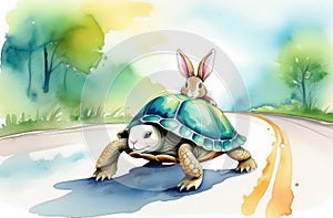 watercolor illustration of funny cute bunny riding turtle carapace on road