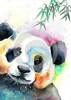 Watercolor illustration of funny panda bear