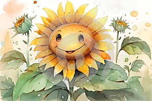 Watercolor illustration of a funny sunflower flower character 1