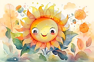 Watercolor illustration of a funny sunflower flower character 2