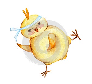 Watercolor illustration of funny yellow chicken will howl karate