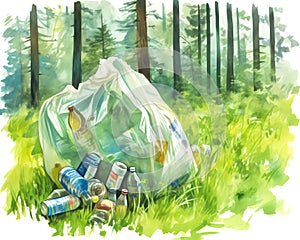 Watercolor illustration. Garbage bag of waste in forest. Plastic and ecology. Pollution of planet. Isolated image on