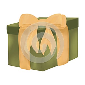 Watercolor illustration of gift box.Green gift box with yellow ribbon bow.