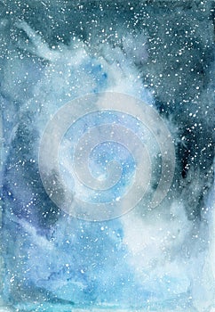 Watercolor illustration, gift card or poster of blue galaxy with stars