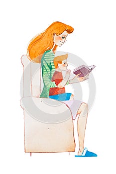 Watercolor illustration of ginger family. Young mother reading a book to her son sitting on her lap