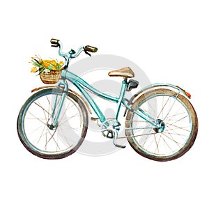 Watercolor illustration. girl`s mint bicycle with basket full of