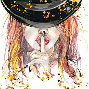 watercolor illustration Girl witches and Halloween party