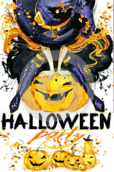 Watercolor illustration Girl witches and Halloween party