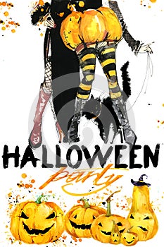 Watercolor illustration Girl witches and Halloween party