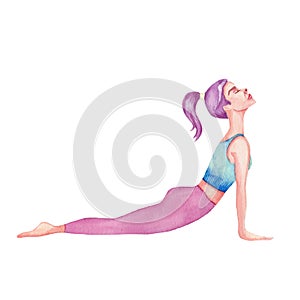Watercolor illustration - a girl in yoga pose Upward Facing Dog. The Urdhva Mukha Shvanasana position. Practicing meditation and