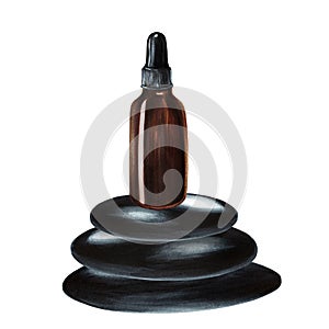 Watercolor illustration with glass bottle of serum on spa zen stones pyramid and essential oil. Isolated on white