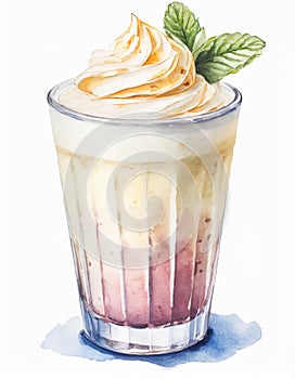 Watercolor illustration of glass of delicious milkshake. Tasty cold drink. Hand drawn art