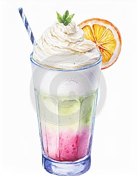 Watercolor illustration of glass of delicious milkshake. Tasty cold drink. Hand drawn art