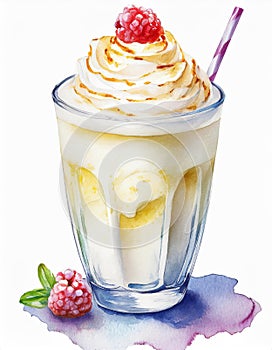 Watercolor illustration of glass of delicious milkshake. Tasty cold drink. Hand drawn art