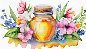 Watercolor illustration of glass honey jar with flowers and herbs.